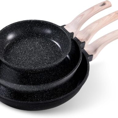 CAROTE Non Stick Frying Pan, Black 8"+10"+12" Granite Skillet Set | Healthy Non Toxic Cookware Set with Heat-Resistant Handle, Induction Compatible, Easy to Clean, PFOA-Free