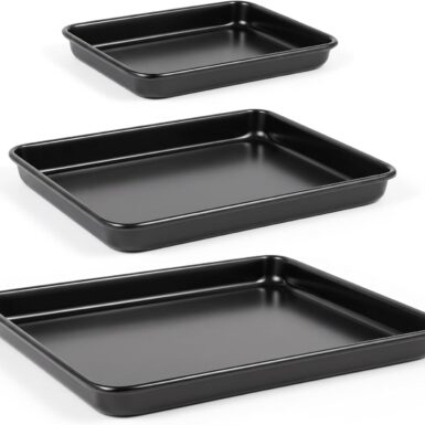3 Pack Baking Sheets Set, 9/11/13 Inch Nonstick Roasting Pan, Rectangle Cake Pans, Heavy Duty Thickness Bakeware Roasting Tray, for Toaster Oven, Thanksgiving Christmas Roast Turkey(Black)