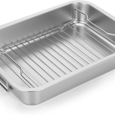 Tifanso Heavy Duty Stainless Steel Roasting Pan with Rack & Handle for Oven | High Sided, Induction Compatible, Rack for Even Heating & Draining, For Turkey Chicken Vegetables & Lasagna, Easy to Clean