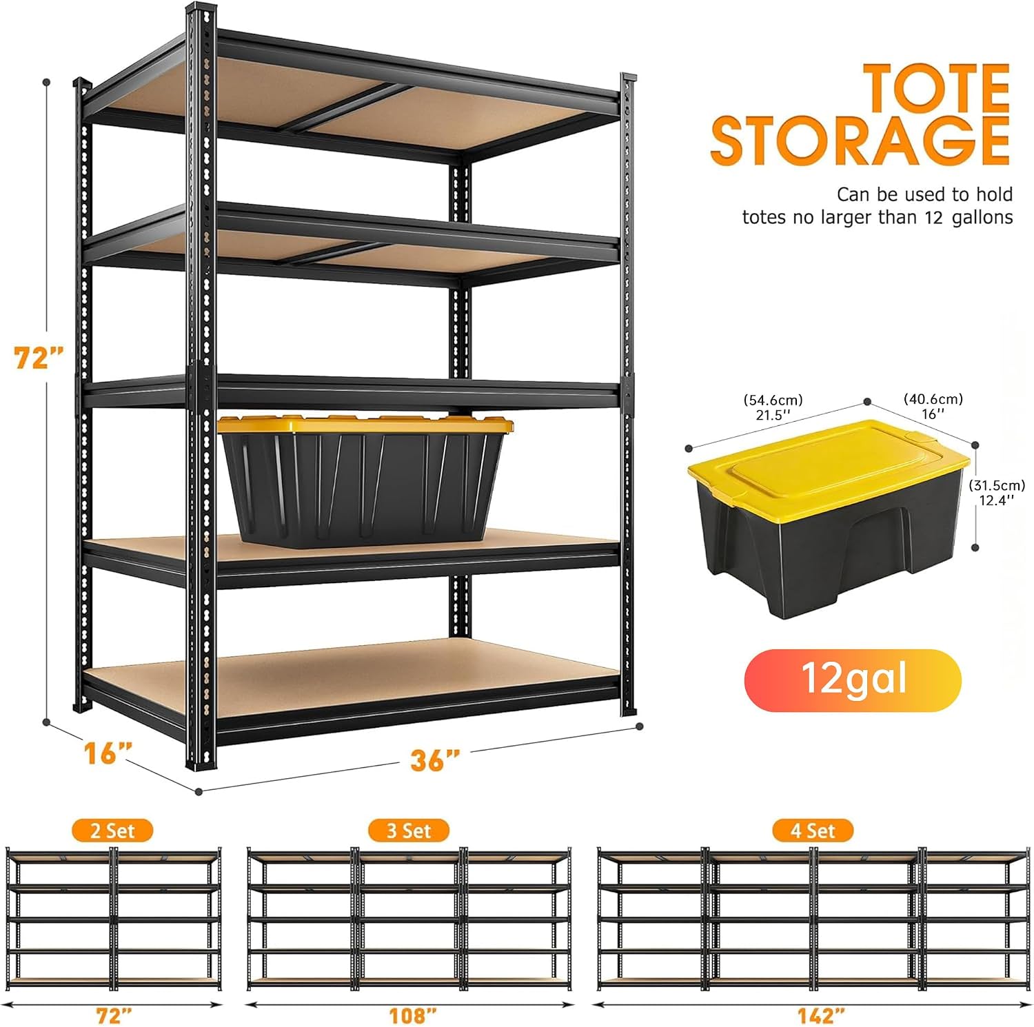 REIBII 2 Pack Garage Shelving, 2400LBS Each,Heavy Duty Storage Shelves | For Basement Pantry Workshop,36"W x 16"D x 72"H Each,5 Tier Freestanding Metal Shelving,1.4mm Rolled-Edge Posts,Adjustable - Image 3