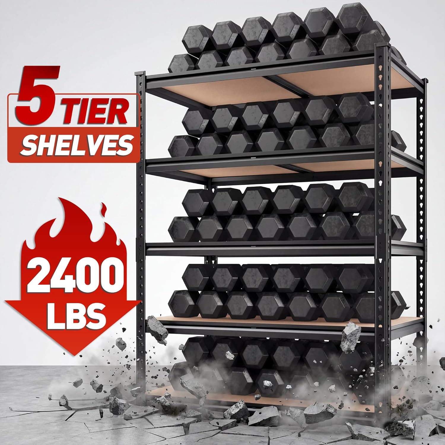 REIBII 2 Pack Garage Shelving, 2400LBS Each,Heavy Duty Storage Shelves | For Basement Pantry Workshop,36"W x 16"D x 72"H Each,5 Tier Freestanding Metal Shelving,1.4mm Rolled-Edge Posts,Adjustable - Image 5