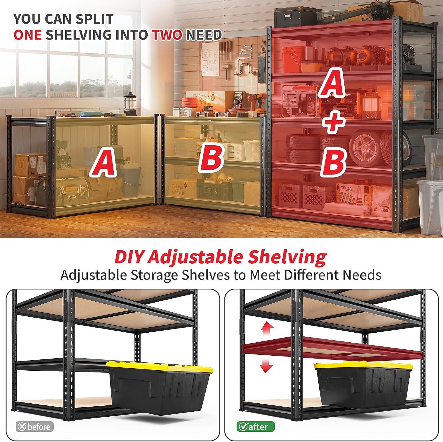 REIBII 2 Pack Garage Shelving, 2400LBS Each,Heavy Duty Storage Shelves | For Basement Pantry Workshop,36"W x 16"D x 72"H Each,5 Tier Freestanding Metal Shelving,1.4mm Rolled-Edge Posts,Adjustable - Image 6