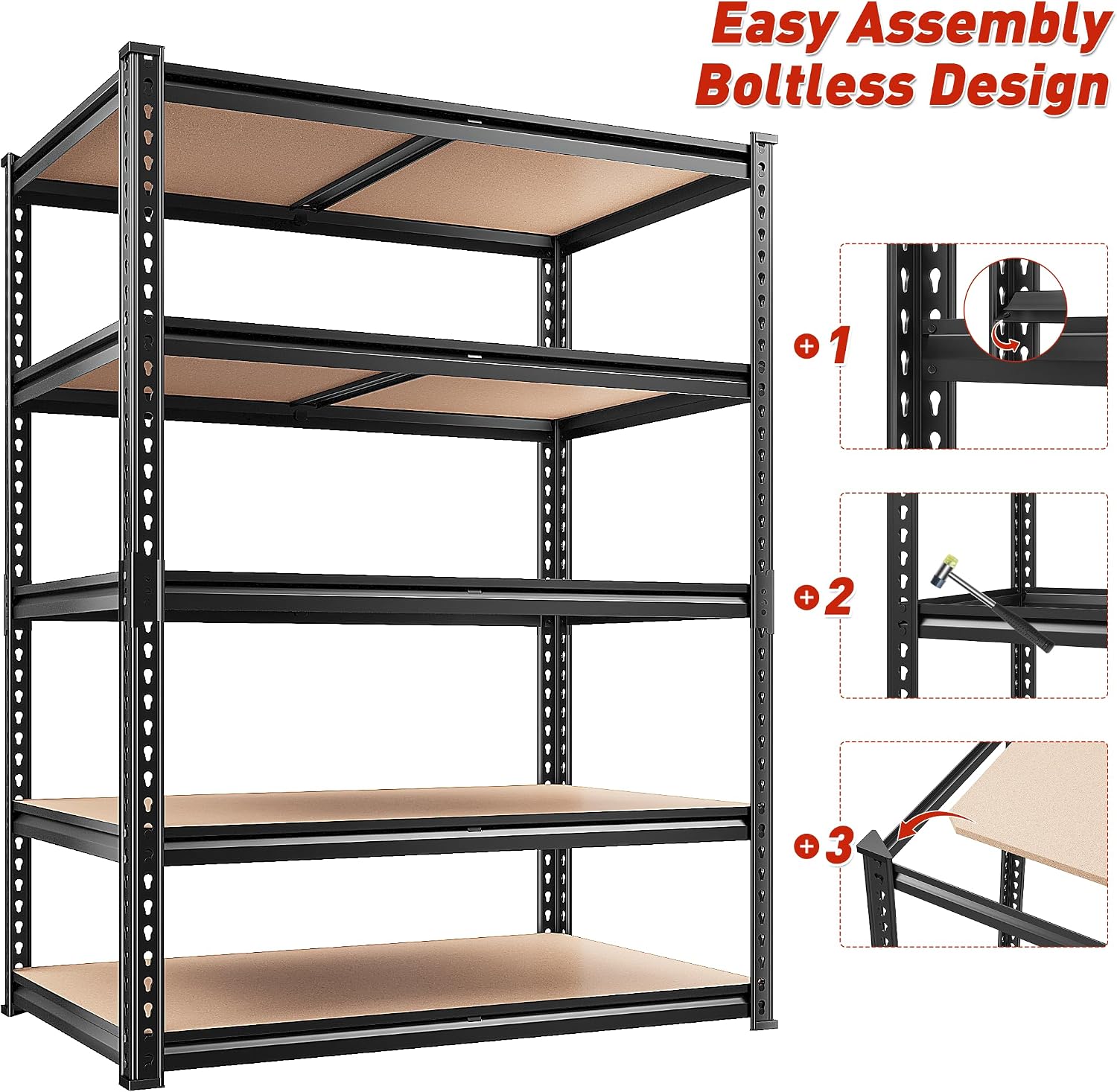 REIBII 2 Pack Garage Shelving, 2400LBS Each,Heavy Duty Storage Shelves | For Basement Pantry Workshop,36"W x 16"D x 72"H Each,5 Tier Freestanding Metal Shelving,1.4mm Rolled-Edge Posts,Adjustable - Image 9