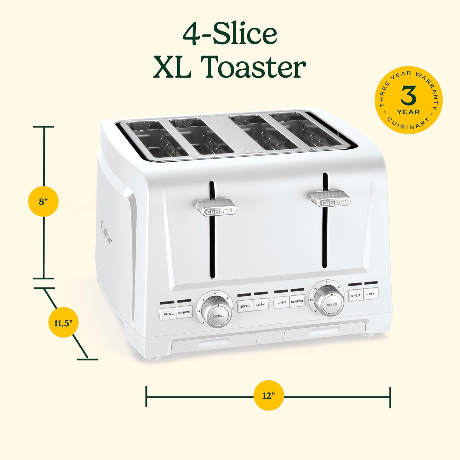 Cuisinart 4-Slice XL Slot Toaster, Extra-Wide Slots, 7 Shade Setting, White | CPT-1400, Extra-wide 4-slice slots, Bagel/Defrost/Cancel functions, High-Lift QuickView lever, Removable crumb tray - Image 8